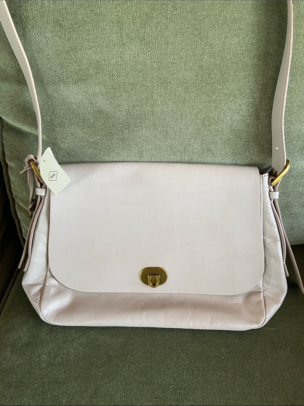 Fossil Taupe Leather Shoulder Bag with Gold Hardware